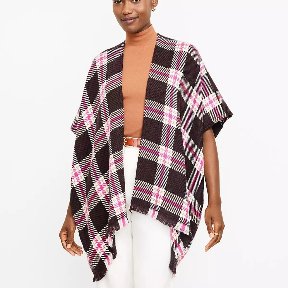 Loft Plaid Poncho Wrap  Iced Espresso Size XS/S Acedemia  Preppy